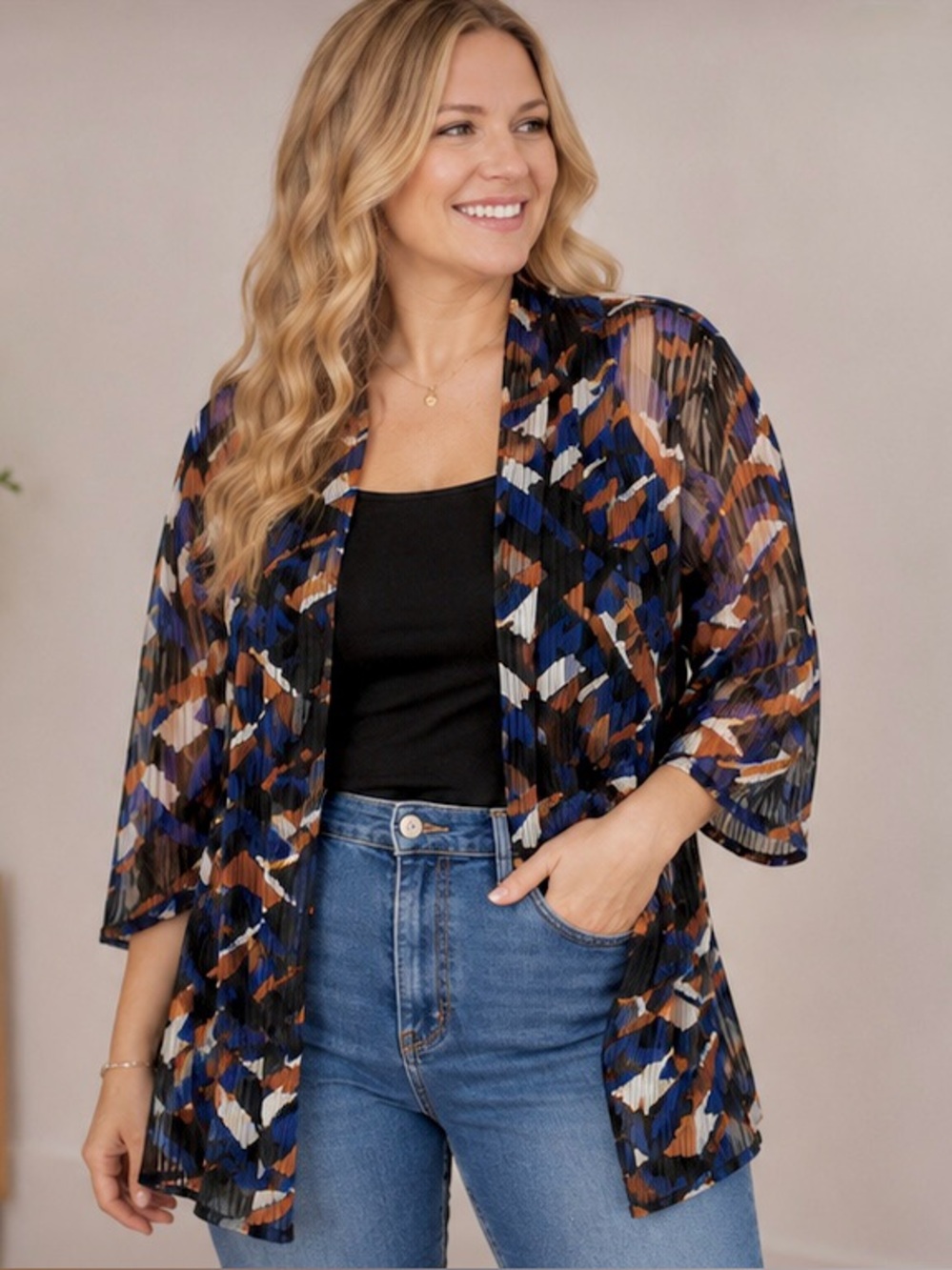 Kasper Sheer Geometric Kimono Cardigan